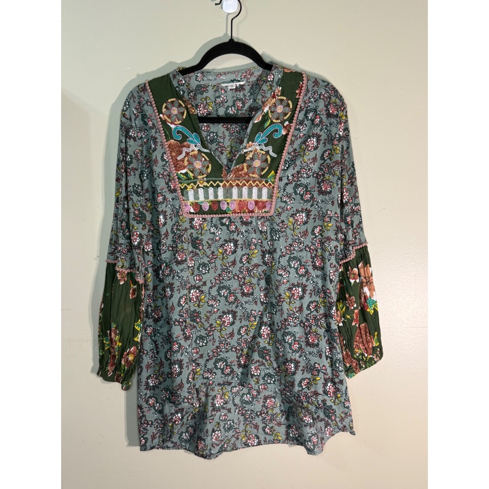 Indigo Thread Co Sage Green Floral Embroidered Boho Tunic Top Cotton Large